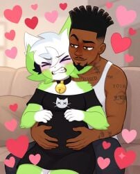 anthro black_clothing black_hair blush brown_eyes clenched_teeth closed_eyes clothed clothed_female clothed_male clothing couple couple_(romantic) cute dark-skinned_male dark_skin daww dax felid feline furry green_body green_fur hand_on_stomach hugging_from_behind human human_on_anthro husband_and_wife interspecies kit_community mippie pregnant pregnant_female romantic romantic_ambiance romantic_couple sitting_on_lap squinted_eyes squinting struggling tattoo two-tone_body two-tone_fur wince wincing