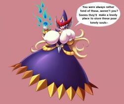 berkana blonde_hair breast_expansion breasts breasts_bigger_than_head clothed_breasts dialogue huge_breasts mega_man mega_man_x metachoke witch_hat