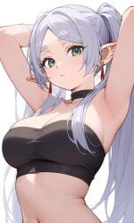 ai_assisted ai_generated arms_up big_breasts crop_top frieren frieren_beyond_journey's_end green_eyes large_breasts long_hair looking_at_viewer pointy_ears twintails white_hair