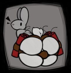 anthro ass backsack balls big_butt dynamite emanata explosives femboy fur genitals hi_res lagomorph leporid looking_back male mammal mostly_nude rabbit scut_tail short_tail solo tail terraria thfooxxir white_body white_fur