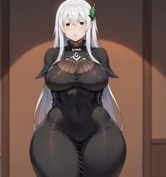 ai_generated areolae_visible_through_clothing bare_thighs black_dress black_eyes butterfly_hair_ornament echidna_(re:zero) gigantic_breasts huge_breasts huge_thighs light-skinned_female light_skin long_hair looking_at_viewer massive_breasts nipples_visible_through_clothing re:zero_kara_hajimeru_isekai_seikatsu smogai solo_female squatting sweat sweatdrop thick_body thick_female thick_thighs thighs voluptuous voluptuous_female white_hair