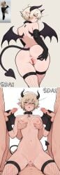 1girls ai_assisted ai_generated bat_wings black_gloves blonde_female blonde_hair collar comic cross cum demon demon_horns demon_tail ejaculation elf elf_ears elf_female female fishnet_legwear fishnets gangbang gloves handjob medium_breasts roblox roblox_avatar robloxian simple_background socially_done_(artist) spiked_collar spreading spreading_ass spreading_pussy tagme tail tomboy vaginal_penetration