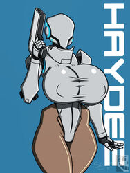 1girls 5_fingers android areolae ass belly belly_button big_ass big_breasts big_butt blue_background breasts butt cleavage clothed clothes clothing dark-skinned_female dark_skin english_text erect_nipples faceless faceless_female female female_only gun haydee haydee_(game) helmet hips holding holding_object holding_weapon huge_breasts humanoid large_ass large_breasts large_butt leotard navel nipples no_face pistol robot robot_girl simple_background sk-8080 solo solo_female standing text thick_thighs thighs voluptuous watermark wide_hips