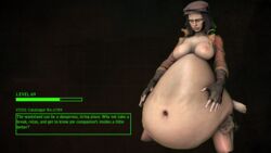 1girls 3d belly big_belly big_breasts blue_eyes breasts brown_hair cheezycake clothes fallout fallout_4 feet female_only gloves hat hud human inflation kneeling looking_down piper_wright source_filmmaker text toes vore