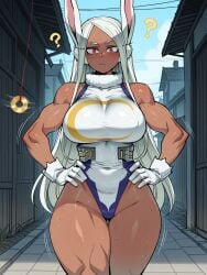 11_22 ? ai_generated alley blush boku_no_hero_academia bunny_ears confused day gloves hands_on_hips huge_breasts hypnosis large_breasts leotard long_hair looking_at_viewer mind_control miruko muscular_female my_hero_academia red_eyes rumi_usagiyama sweat tan_skin thick_thighs toned white_hair wide_hips