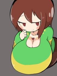 1girls bedroom_eyes big_breasts breasts brown_hair brunette busty chara cleavage closed_mouth cute female female_only green_sweater grey_background half-closed_eyes huge_breasts large_breasts paizuri_invitation petronoise red_eyes smile smiling toby_fox undertale