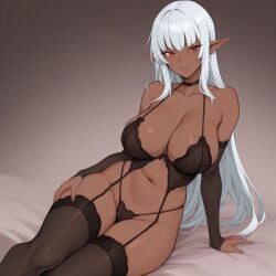 1girls ai_generated big_breasts dark-skinned_female dark_elf elf large_breasts lingerie long_hair solo_female white_hair