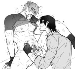 1boy black_hair blush blush_lines cuntboy fingering fingerless_gloves gay intersex leg_over_partner's_shoulder leg_over_shoulder leg_up leon_scott_kennedy mastectomy_scar muscular original_character resident_evil resident_evil_4 resident_evil_4_remake trans_man transmasc yaoi