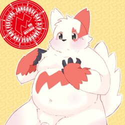 1boy 2017 anthro anthrofied barely_visible_genitalia belly blush chubby claws digital_media_(artwork) english_text fur furry hi_res kemono_fluffy male male_only mammal markings multicolored_fur navel nintendo nipples nude overweight overweight_male penis penis_base pokémon_(species) pokemon pokemon_(species) pokemon_rse red_fur sitting solo subtle_penis text thick_thighs two_tone_fur video_games white_fur wide_hips zangoose