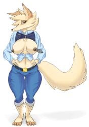 anthro arms_on_waist blue_eyes breasts breasts_out canid furry furry_female furry_only nipple_poke nipples tail uniform