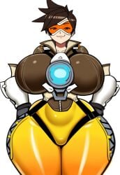 ai_generated ass big_ass big_breasts breasts breasts brown_hair grey_impact_(style) hips huge_ass huge_breasts large_breasts lubbasdump overwatch smug smug_face tight_clothing tracer wide_hips