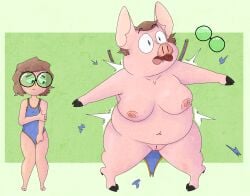 anthro blueguylie breasts clothing digital_media_(artwork) domestic_pig female genitals hi_res mammal nipples nude overweight pussy simple_background solo species_transformation sudden_transformation suid suine sus_(pig) torn_clothing transformation