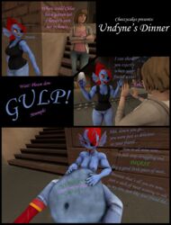 2girls 3d 3d_(artwork) anthro belly belly_button big_belly breasts brown_hair cheezycake cleavage comic crossover deck_nine dialogue dontnod_entertainment english_text gurgling human implied_digestion life_is_strange max_caulfield navel nipples nude red_hair sharp_teeth source_filmmaker square_enix stomach_bulge stomach_noises toby_fox tongue undertale undertale_(series) undyne undyne_(wo262) video_games vore