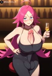 ai_generated autopaizuri bar black_dress blue_eyes blush blush drink earrings easyhorny_ai fate/grand_order fate_(series) francis_drake_(fate) futanari hand_on_hip holding_drink long_hair luxury necklace no_bra no_panties paizuri paizuri_under_clothes penis_between_breasts penis_under_clothes pink_hair scar scar_on_face sitting smile text watermark