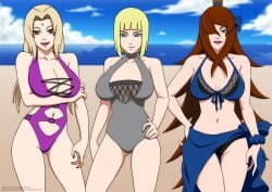 3girls beach big_breasts bikini blonde_hair blue_eyes bob_cut breasts brown_eyes brown_hair curvaceous female female_only foureiz green_eyes highres huge_breasts large_breasts lipstick long_hair looking_at_viewer makeup mature mature_female mei_terumi milf multiple_girls nail_polish naruto naruto_(series) naruto_shippuden nipple_slip nipples sagging_breasts samui seaside short_hair swimsuit take_your_pick tsunade uncensored very_long_hair voluptuous voluptuous_female watermark wide_hips