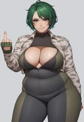 ai_generated ben03020 big_breasts bodysuit chubby_belly chubby_female cleavage ela_(rainbow_six) freckles fupa green_hair looking_at_viewer middle_finger military_uniform rainbow_six_siege