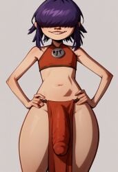 1futa ai_generated asian big_thighs crop_top erection_under_clothes flat_chest gorillaz large_penis looking_at_viewer miniskirt noodle_(gorillaz) pelvic_curtain short_hair smile thick_thighs wide_hips