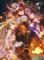 3girls :d alushe_anatolia animal_ear_hairband animal_ears animal_hands anklet aqua_eyes back bare_arms bare_legs bare_shoulders barefoot bat_wings black_pantyhose blonde_hair blush breastless_clothes breastless_leotard brown_eyes cavalier_hat detached_sleeves fake_animal_ears fake_claws gloves green_eyes hairband halloween hat hat_horns heterochromia highres jewelry leotard liliana_sailfin long_hair louenhide_ariarhod multiple_girls night off-shoulder_leotard official_art open_mouth pantyhose paw_gloves pumpkin purple_hair reaching reaching_towards_viewer red_hair sitting smile standing wings yoru_no_nai_kuni yoru_no_nai_kuni_2 yoshiku_(oden-usagi) yuri