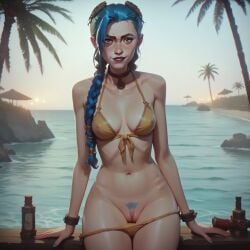 1girls 2025 ai_generated arcane arcane_jinx arms_up bare_shoulders beach bikini bikini_bottom bikini_top blue_hair breasts female female_only hi_res high_quality island jinx_(arcane) jinx_(league_of_legends) league_of_legends long_hair medium_breasts nipples outdoors panties panties_down pubic_hair pussy smile smiling smiling_at_viewer solo solo_female solo_focus stable_diffusion straight sun sunlight thighs tree water yellow_clothing