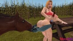 angry angry_expression angry_face barn biting blonde_hair breasts clothes_ripping curvy curvy_figure dead_or_alive drink drinking farm forced funny furious horse horsecock hot huge_ass huge_breasts inminent_rape inminent_sex interspecies morasfm raped sexy_body shorts stalking tina_armstrong