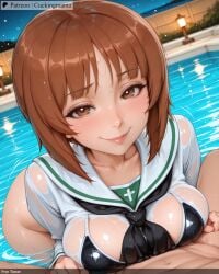 adapted_uniform ai_generated akiyama_yukari anglerfish arm_grab arm_support artist_name bangs bikini black_bikini black_bra black_legwear black_neckerchief blouse blurry blurry_background blush boko_(girls_und_panzer) bra breast_hold breast_press breasts brown_eyes brown_hair cleavage closed_mouth clothes_lift cloudy_sky content_rating cuckingmama day depth_of_field emblem eyebrows_visible_through_hair female foreshortening from girls green_skirt ground_vehicle half-closed_eyes indoors isuzu_hana itsumi_erika leaning_forward light_frown light_particles light_smile lips long_sleeves looking_at_viewer lying medium_breasts messy_hair miho military military_hat military_vehicle miniskirt motor_vehicle neckerchief night night_sky nishizumi nishizumi_miho no_pants ocean ooarai_(emblem) ooarai_school_uniform outdoors outside_border panzer panzerkampfwagen_iv pleated_skirt pool rain red_headband reizei_mako school_uniform see-through serafuku shirt shirt_lift short_hair skindentation skirt sky smile solo standing star_(sky) starry_sky tagme takebe_saori tank throat_microphone und wading wet wet_clothes wet_hair wet_shirt white_blouse