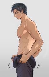 artist_name bare_chest black_hair gehrman_sparrow glasses lord_of_the_mysteries male male_only tight_pants_(meme) trousers