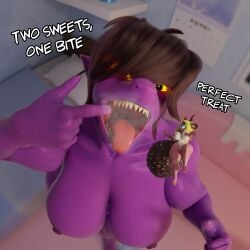 3d 3d_(artwork) anthro big_breasts deltarune extreme_size_difference giantess keynor macro micro muscles muscular muscular_anthro muscular_female noelle_holiday open_mouth size_difference steam susie_(deltarune) tagme text thick tongue tongue_out vore