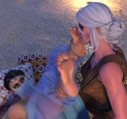 2girls 3d arabiannights7211 barefoot cd_projekt_red ciri commentary_request feet feet_up female female_focus female_only foot_fetish licking_feet licking_foot light-skinned_female light_skin original original_character the_witcher_(series) the_witcher_3:_wild_hunt yuri