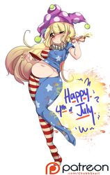 1girls 4th_of_july american_flag american_flag_legwear american_flag_shirt big_breasts blonde_hair blush chubbsnail chubby clown clownpiece erect_nipples female female_only hot_dog nipple_bulge thick_thighs touhou tummy