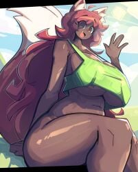 1girls 5_fingers artist_name background breasts brown_eyes brown_skin brown_skinned_female dierelc female female_only fingers fox fox_ears fox_girl fox_tail furry furry_female furry_only furry_tail green_clothing green_outfit half_dressed half_naked happy happy_female huge_breasts huge_tail huge_thighs long_hair long_tail looking_at_viewer no_panties no_pants one_arm_up open_mouth red_hair teeth terraria thick_thighs tongue watermark waving_at_viewer