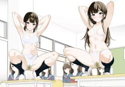6+girls armpits arms_up blue_sailor_collar blue_shirt blue_socks bow bowtie bra breasts brown_hair classroom closed_mouth commentary_request commission crotch_seam desk double-parted_bangs embarrassed exhibitionism grey_eyes highres humiliation indoors large_variant_set long_hair looking_at_viewer medium_breasts medium_hair moonsorrow multiple_girls navel on_desk original panties parted_bangs parted_lips pee_stain peeing peeing_self peeing_together pixiv_commission public_indecency raised_inner_eyebrows red_bow red_bowtie ribbed_socks ribs sailor_collar school_desk school_uniform shirt shoes socks sports_bra squatting stained_panties stomach straight_hair underwear underwear_only urine uwabaki variant_set wet wet_clothes wet_panties white_bra white_panties white_shoes white_sports_bra