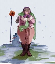 boots bottomless brown_hair coat deeedecker dickgirl ear_muffs flaccid futanari huge_cock long_hair purple_hair scarf sign snowman thick_thighs