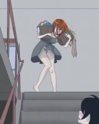 1futa blush chastity_cage chastity_device dress futa_chastity futanari intersex laundry medium_breasts phruvin png red_eye skirt stairs upskirt