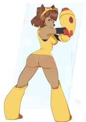1girls 2d 2d_(artwork) alphatomata anthro anus artist_logo ass blaster_arm bottomless bottomless_female brown-haired_female brown_hair brown_hair_female butt cat_girl cat_humanoid furry gameoverse goggles goggles_on_head kit_(gameoverse) kit_bodega looking_back pinup pussy vagina