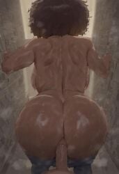 1boy afro_hair ai_generated anal anal_sex anus artist_request ass ass_focus back_view balls bathroom brown_hair chubby civitai cock cum cum_in_pussy cum_inside curvy dark-skinned_female dark_skin faceless_female faceless_male facing_away female holding_on_the_wall huge_butt inside_bathroom jeans male naked nsfw nude oc original_character pants pants_pull penetration penis provocative_pose pussy school_bathroom sex shexyo_(ai_style) short_hair shower_room stable_diffusion steamy_room thick_thighs thighs topless underwear water_drops wet_skin wide_hips
