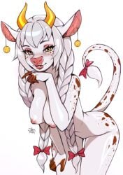 anthro bovid bovine braided_hair brown_markings cattle ear_piercing ear_stud eyelashes eyeshadow facial_spots female female_anthro fur hi_res horn leaning leaning_forward looking_at_viewer makeup mammal markings narrowed_eyes nipples nude piercing pink_eyeshadow pink_inner_ear pink_nipples pink_nose portrait shermugi signature smile solo spots spotted_arms spotted_face spotted_legs spotted_markings spotted_tail standing tail tail_markings three-quarter_portrait white_body white_fur yellow_eyes yellow_horn