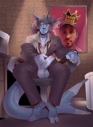 2018 absurd_res balls chair claws clothed clothing crown desk digital_media_(artwork) eeveelution hi_res holding_penis human looking_at_viewer male male_only male_vaporeon mammal marine necktie nintendo office_chair open_shirt original_character penis photo pokémon_(species) pokemon portrait presenting scar shirt solo stone_wall suit tailfin vaporeon vappyvap video_games vinesauce vinny_(vinesauce)