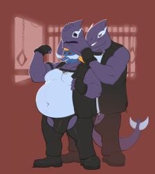 2024 anthro barazoku boots bulge chaps clone clothing costume fingerless_gloves footwear generation_3_pokemon generation_5_pokemon gloves handwear harness hi_res imagesofmelon jockstrap leather legendary_pokemon male male/male mask masking multicolored_body musclegut muscular nintendo overweight overweight_male pokemon pokemon_(species) purple_body red_eyes samurott selfcest shadow_lugia shadow_pokemon shoes square_crossover suiting underwear white_body
