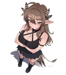 1girl arms_crossed bird_tail black_boots black_dress brown_eyes brown_hair cute feather_hair_ornament feathered_tail feathers female fishnet_armwear fishnet_clothing fishnet_legwear fishnets green_eyes harpy harpy_girl heterochromia hourglass_figure indie_virtual_youtuber kumi_(vtuber) light-skinned_female long_ears long_hair maidcousin makeup necklace smug smug_expression smug_face smug_grin smug_smile sole_female virtual_youtuber