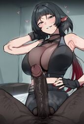 1boy 1girls ai_generated armpits aroused balls bed bedroom blush breasts cheating dark-skinned_male female girthy_penis grin hairy_male hand_on_hip heart indoors interracial jane_doe_(zenless_zone_zero) large_breasts large_penis looking_at_viewer male male/female naughty_face netorare ntr on_bed penis pov pov_crotch pov_eye_contact rat_girl room sweat teeth testicles ugly_bastard veiny_penis waroffree zenless_zone_zero