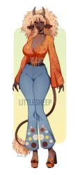 1girls anthro beauty_mark big_breasts blonde blonde_female blonde_hair blonde_hair_female blouse breasts choker cleavage cow_ears cow_girl cow_tail curly_hair earrings female flower_pattern green_eyes headband heels hips jeans littlesheep long_eyelashes looking_at_viewer midriff mole mole_on_breast mole_under_mouth original original_character peace_symbol solo solo_female thick thick_thighs thighs