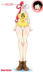 1boy 1girl anime boots brown_boots cameltoe female hair_covering_eye hair_covering_one_eye hair_over_eyes hair_over_one_eye monkey_d_luffy nervous_smile no_pants one_piece red_hair silvertheexe18 standing surprised text tight_clothing undersized_clothes undersized_clothing uta_(one_piece) visible_nipples white_hair white_panties wide_hips