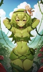 ai_generated alraune amalia amalia_sheran_sharm ass bigmic145 breasts cleavage female flower flower_in_hair green_hair green_skin leaf leaf_clothing medium_breasts monster_girl navel plant plant_girl plant_humanoid plant_tentacle plant_tentacles princess_amalia_sheran_sharm tease teasing tentacle thorns topless vines wakfu