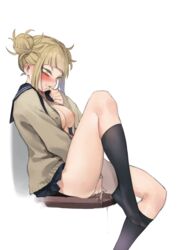 1girls absurdres ass axfa black_skirt black_socks blush breasts double_bun female finger_to_mouth highres himiko_toga knee_socks kneehighs kneesocks looking_away masturbation my_hero_academia nipples open_clothes pussy_juice short_hair simple_background sitting skirt socks solo wet white_background yellow_eyes