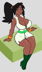 1girls black_hair bracelet breasts cleavage dark-skinned_female dark_skin female female_only furiousart gold_bracelet gold_eyes golden_bracelets heels imani_(zrfurious) jacket medium_breasts mole_on_breast mole_under_eye ponytail relaxing sitting white_jacket yellow_eyes zipper zipper_pull_tab zrfurious