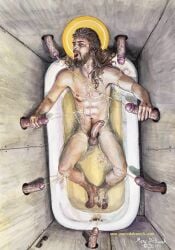 athletic balls ballsack bara bath bible brown_hair covered_in_urine erect_penis erection gay glory_hole glory_wall jesus_christ jewish male marc_debauch not_ai_generated open_mouth peeing peeing_on_another penis pubic_hair religion six_pack traditional_media_(artwork) urine watersports why yaoi