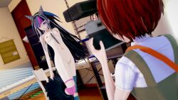 2girls 3d black_hair black_nails blush breasts camera danganronpa danganronpa_2:_goodbye_despair ear_piercing female females_only hair_horns human koikatsu koizumi_mahiru legwear long_hair medium_breasts mioda_ibuki multicolored_hair nipples piercing piercings pink_hair purple_eyes purple_hair pussy red_hair short_hair skirt tagme taking_picture torn_legwear undressing white_hair yuri