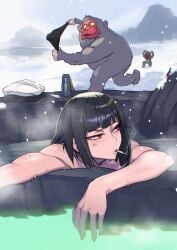 anger_vein annoyed bath bathing black_hair cigarette limbus_company monkey onsen panties project_moon red_eyes ryoshu_(limbus_company) short_hair smoking snow steam stolen_clothes toned tresmarrow wet winter