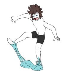 black_bottomwear black_clothing black_pants blue_eyes blue_latex blue_latex_(changed) bottomwear brown_hair canid canine changed_(video_game) clothing forced forced_transformation fox gender_transformation goo_transformation hair human latex latex_clothing latex_skinsuit lin_(changed) male mammal mtf_transformation pants sinful_drawz skinsuit slime solo tight_clothing transformation white_body