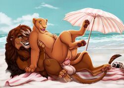 4_toes beach beach_umbrella bedroom_eyes camera closed_eyes curling_toes digital_drawing_(artwork) digital_media_(artwork) disney duo erection feet felid female feral feral_on_feral feral_penetrated feral_penetrating feral_penetrating_feral genitals hi_res hindpaw lion lying male male/female mammal mane nala_(the_lion_king) narrowed_eyes on_back open_mouth pantherine parasol pawpads paws penetration penile penile_penetration penis pussy quadruped sand seaside seductive sex smile the_lion_king toes vaginal_penetration vulva xtreme3246